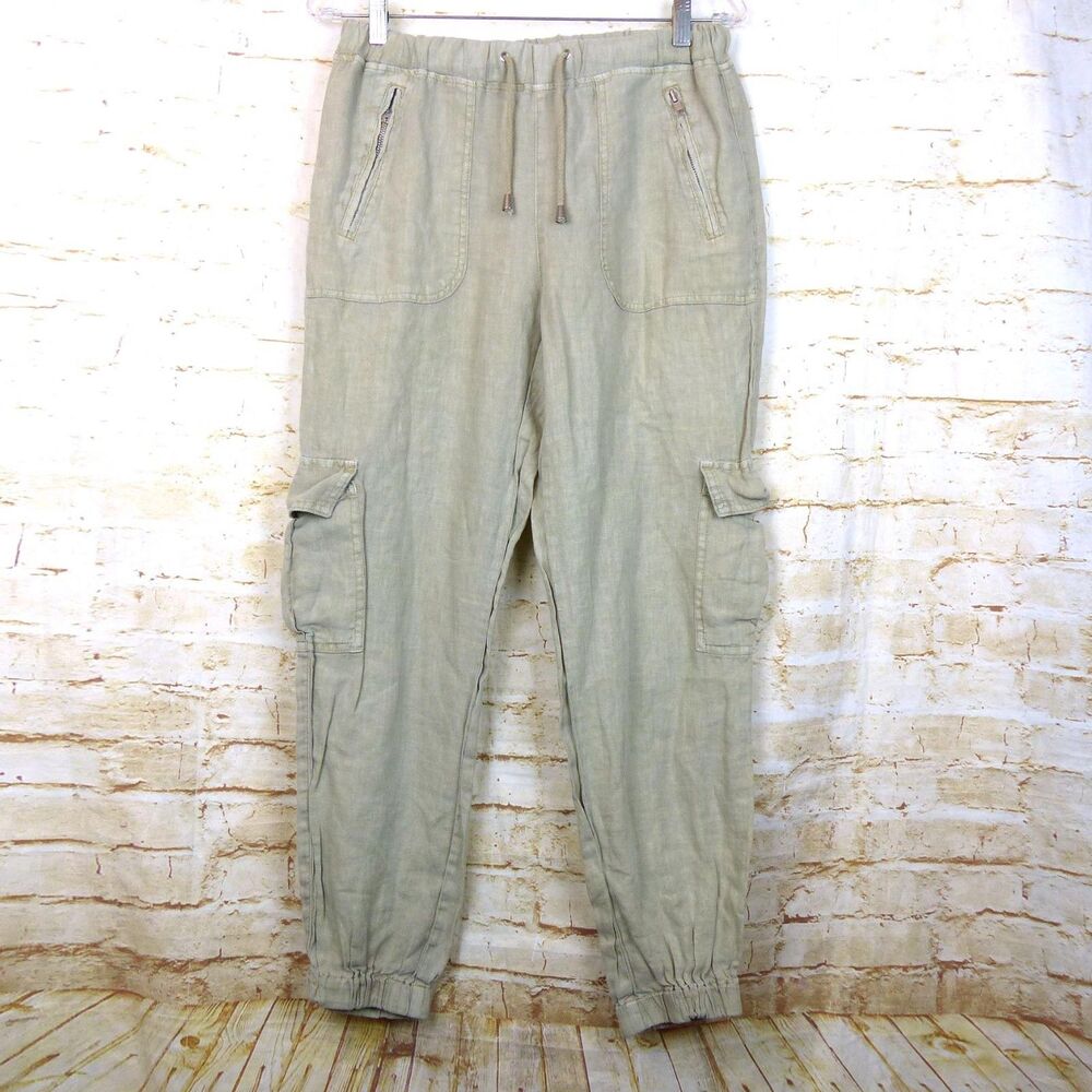 Blank NYC Cargo Pants Womens 27 100% Linen Beige Utility Jogger Pull On Beach